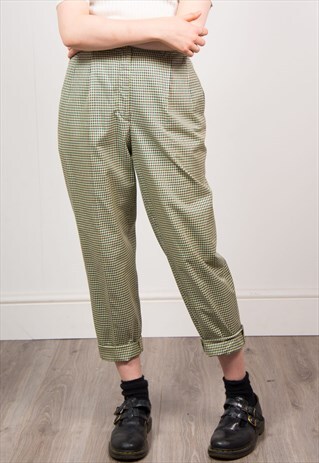 VINTAGE 90'S GREEN FINE CHECKED HIGH WAIST TAPERED TROUSERS