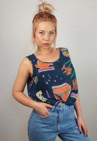 VINTAGE 90'S GRAPHIC PRINT CUPRO SILKY FESTIVAL VEST / TOP