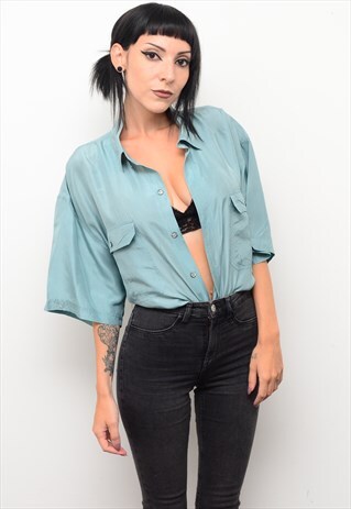 VINTAGE 90'S GENUINE SILK DUCK EGG BLUE OVERSIZED SHIRT