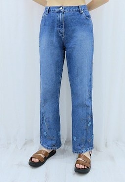 90s Vintage Blue Denim Floral Beaded Jeans (Size L)