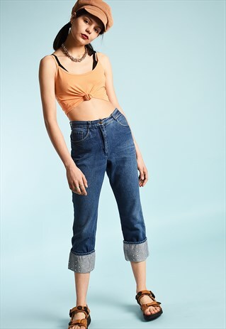 Y2K HIGH WAIST FESTIVAL SHORT CUT FOLDED DENIM CAPRI JEANS