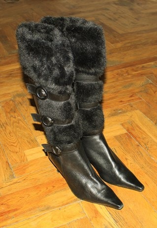 Vintage Y2K faux fur high boots in black