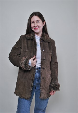 SHEEPSKIN JACKET, LEATHER BROWN COAT MEDIUM SIZE VINTAGE