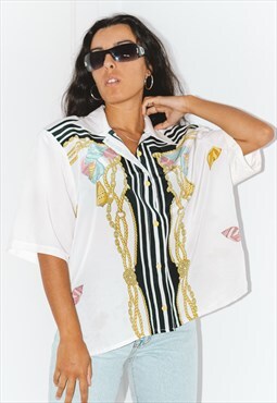 80s Vintage Seashell Short Sleeves Patterned Shirt