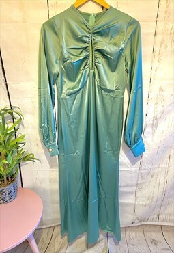 Vintage Teal Blue Satin Glam Open Front 90's Party Dress