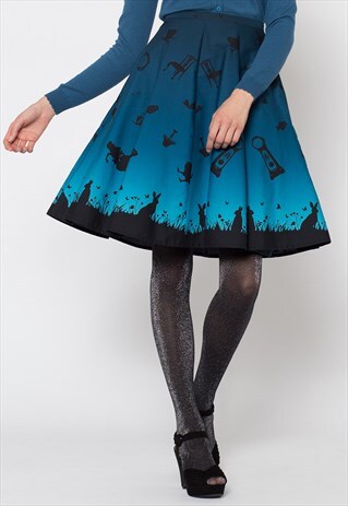 BLUE ALICE FALLING INTO WONDERLAND PRINT SKIRT