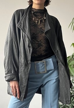 Vintage 90's Unisex Black Leather Button Up Jacket