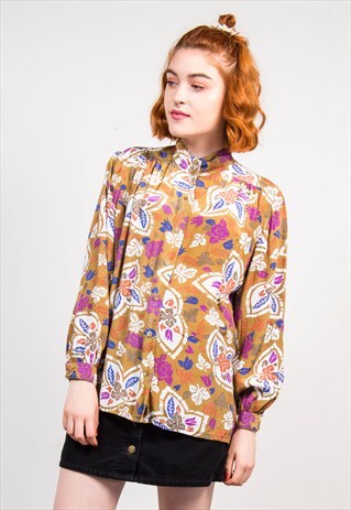 80'S VINTAGE BROWN LEAF FLORAL PATTERN SHIRT