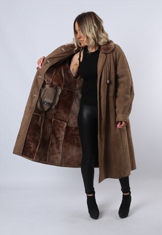 SHEEPSKIN SHEARLING SUEDE LONG COAT UK 14 - 16 (F9AL)