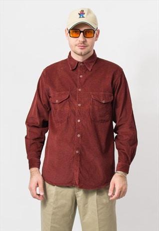 Vintage corduroy shirt in rusty red long sleeve men