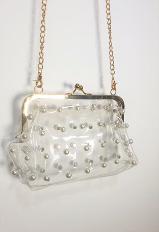 CLEAR ACRYLIC CROSS BODY BAG WITH PEARL DETAILS