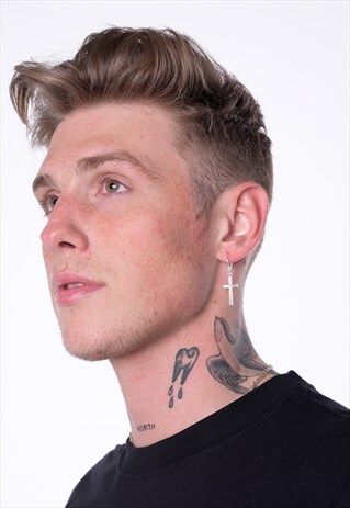 2 PACK LARGE HOOP HANGING CROSS CRUCIFIX EARRING - SILVER