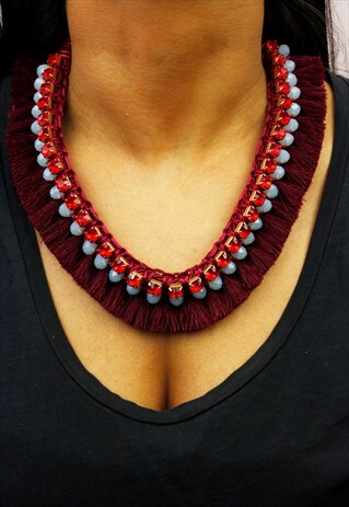 BURGUNDY FRINGE RED RHINESTONE CHUNKY STATEMENT NECKLACE