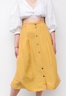  Women's Vintage L Boho Silky Yellow Romantic Skirt 