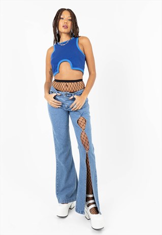 Low Rise Cut Out Flared Blue Jeans