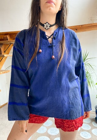 VINTAGE 90'S HIPPIE NAVY BLUE WOVEN TOP - S/M