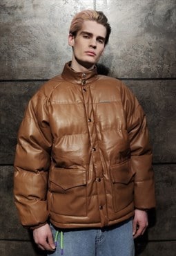 Faux leather quilted puffer jacket grunge bomber solid brown