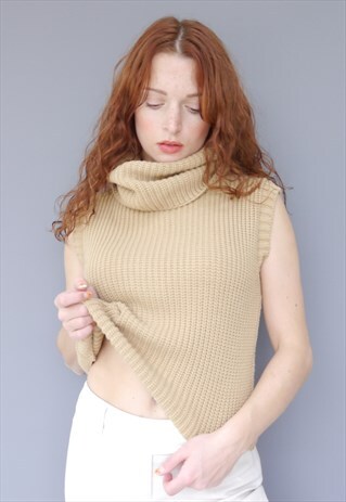 VINTAGE 90S RIBBED POLO NECK JUMPER TOP SWEATER VEST