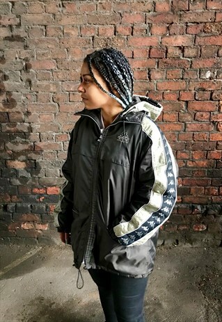 VINTAGE KAPPA ZIP THROUGH PUFFER JACKET COAT BLACK STRIP LOG