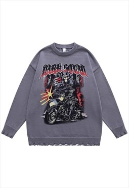 Motorcycle sweater biker print knit distressed jumper grey