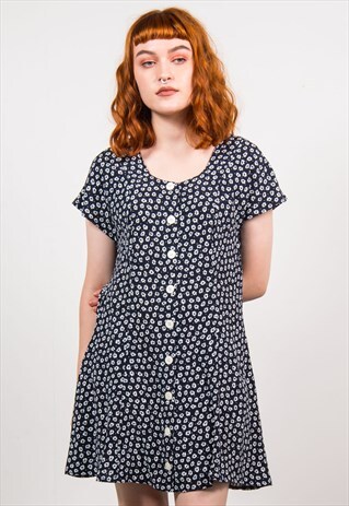 VINTAGE 90'S BLACK & WHITE FLORAL PATTERN GRUNGE DRESS
