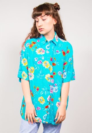 VINTAGE 90'S BLUE FLORAL PATTERN SHORT SLEEVE SHIRT