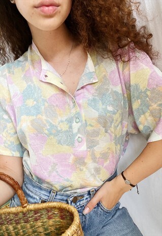 VINTAGE 80S PASTEL FLORAL KNIT HAUTE BOHEME BLOUSE TOP