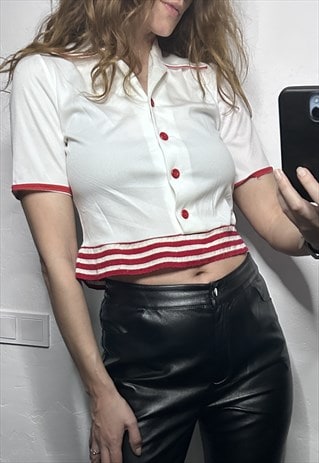 RETRO 70S WHITE N RED STRIPES TOP / SHIRT 