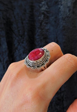 GENUINE RUBY ZOISITE FACETED SQUARE BOHO SOLID SILVER RING