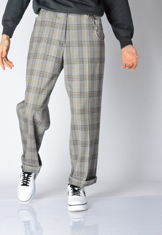 VINTAGE 90S UNISEX GREY CHECK FLEECE WOOL PANTS