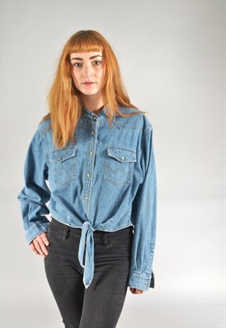 VINTAGE WRANGLER MID BLUE CROPPED GRANDAD SHIRT DENIM SHIRT