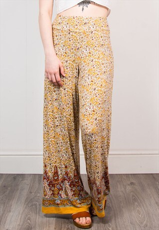 VINTAGE YELLOW FLORAL HIPPIE FESTIVAL WIDE LEG TROUSERS