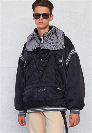 VINTAGE BLACK WINDBREAKER RAIN PULLOVER JACKET