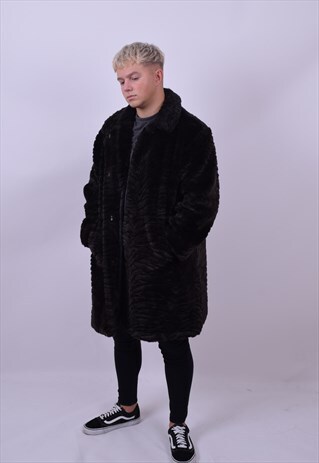 VINTAGE 90'S BROWN FAUX FUR COAT SIZE LARGE