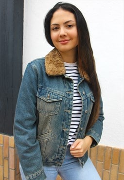 Denim Sherpa Jacket with Removable  Faux Fur Collar