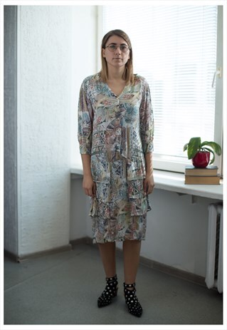 VINTAGE 80'S MULTI COLOUR PATTERNED MIDI DRESS