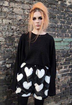 Heart fleece shorts handmade love emoji overalls in black