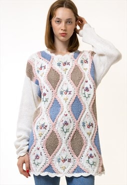 Vintage Cream White Knitted Embroidered Women Sweater 5683