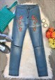 RIPPED KNEE EMBROIDERED BLUE SKINNY JEANS