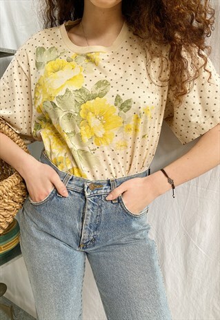 VINTAGE 80S BOTANICA PEONIE POLKA DOT BLOUSE TOP TEE T-SHIRT