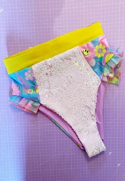 Sequin and print frill-kini festival bikini bottom