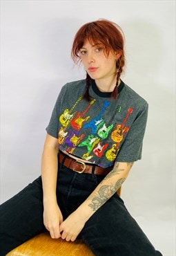 Vintage Size L Y2K Guitar Crop T Shirt in Grey