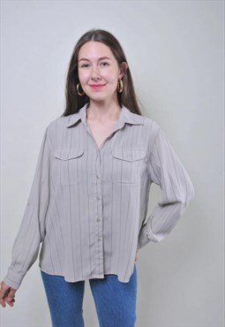 Vintage minimalist grey blouse, retro striped shirt 