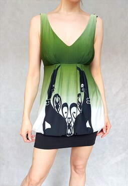 Vintage Y2Ks Morgan GreenDress with Cats, Sleeveless Ombre 