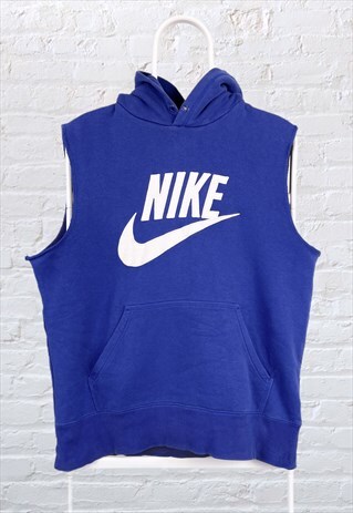VINTAGE NIKE HOODIE SLEEVELESS SPELL OUT SWOOSH BLUE MEDIUM