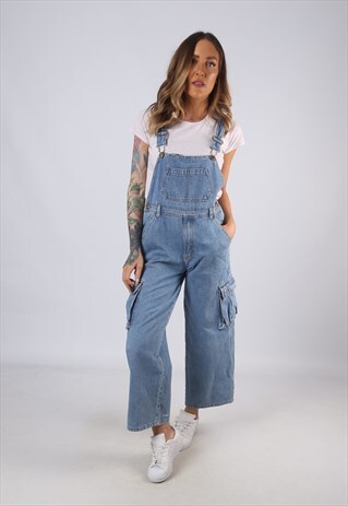 VINTAGE DENIM DUNGAREES WIDE LEG PETITE UK 8 XS (C1Q)