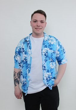 Vintage 90s Hawaiian shirt, blue floral shirt short sleeve