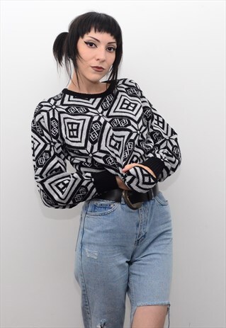 VINTAGE 90'S RETRO BLACK & WHITE PATTERNED SLOUCHY JUMPER