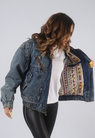 VINTAGE DENIM BOMBER JACKET OVERSIZED LINED UK 12 M (B3A)