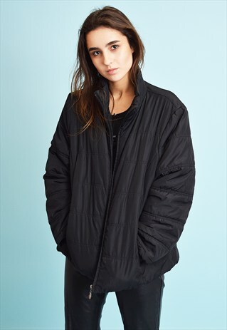 VINTAGE 90'S RETRO SPORTS BLACK PUFFER PADDED JACKET